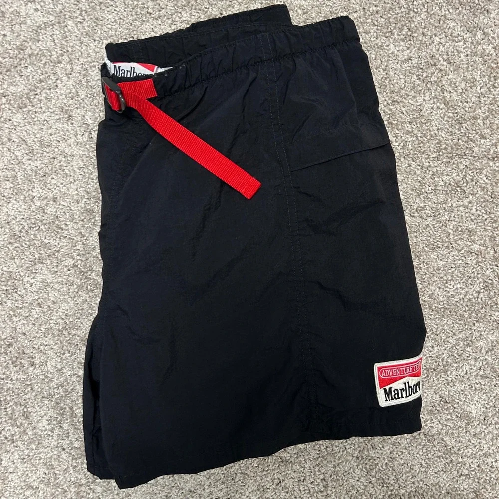 Vintage 90s Marlboro Swim Trunks Men Size Medium Black Mesh Lined Belted
